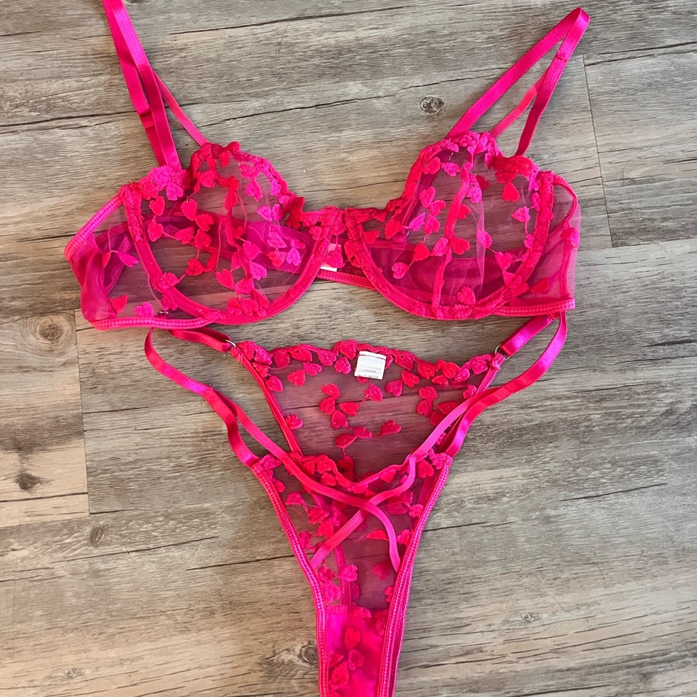 Sheer Floral Embroidered Underwire Bra & Thong Set - Hot Pink